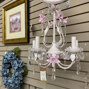 White Metal Chandelier w Crystals and Pink Flowers